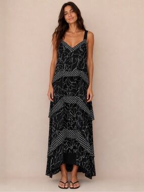 Taylor Black Floral & Polka Dot Tiered Maxi Dress Size 6, Flowy Asymmetrical Hem